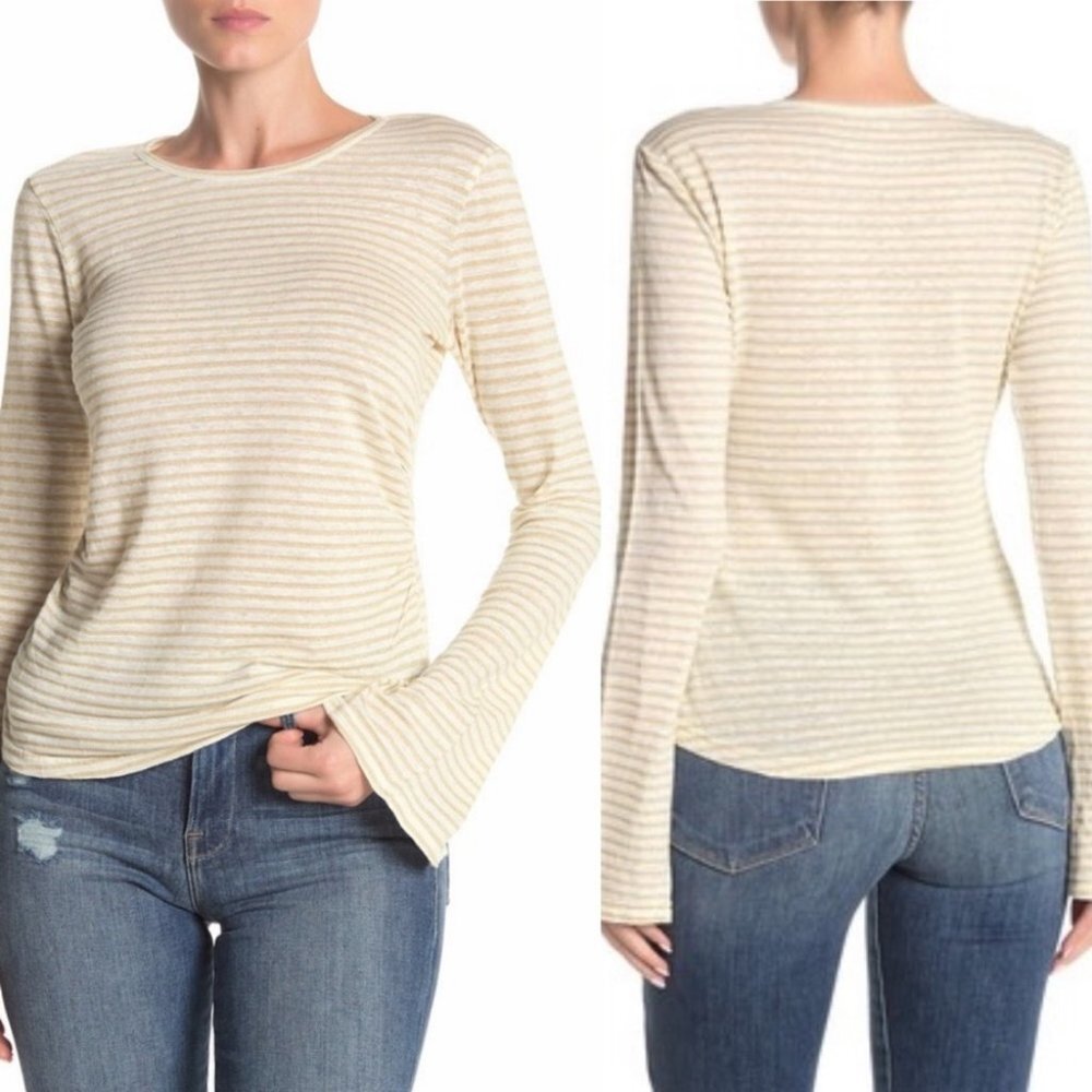 Frame Shirred Bell Sleeve Striped Linen T-Shirt Size Medium Tee LWTS059 Boho‎ M